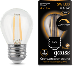 Gauss Лампа Filament Шар 5W 420lm 2700К Е27 диммируемая LED 105802105-D - фото 33859