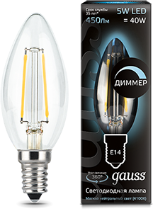 Gauss Лампа Filament Свеча 5W 450lm 4100К Е14 диммируемая LED 103801205-D - фото 33863