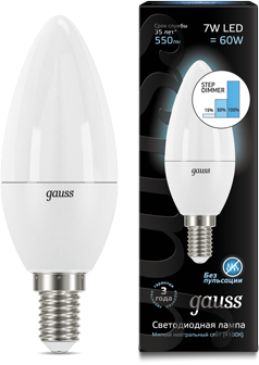 Gauss Лампа Свеча 7W 550lm 4100К E14 шаг. диммирование LED 103101207-S - фото 33867