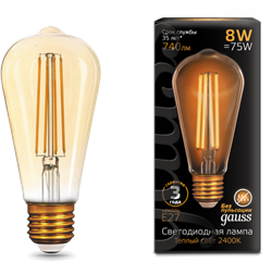 Gauss Лампа Filament ST64 8W 740lm 2400К Е27 golden LED 157802008 - фото 33886