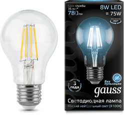 Gauss Лампа Filament А60 8W 780lm 4100К Е27 LED 102802208 - фото 33900