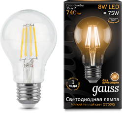Gauss Лампа Filament А60 8W 740lm 2700К Е27 LED 102802108 - фото 33901