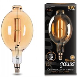 Gauss Лампа Filament BT180 8W 780lm 2400К Е27 golden straight LED 151802008 - фото 34059
