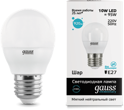 Gauss Лампа Elementary Шар 10W 730lm 4100K Е27 LED 53220 - фото 34086