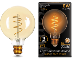 Gauss Лампа Filament G95 6W 360lm 2400К Е27 golden flexible LED 105802007 - фото 34088