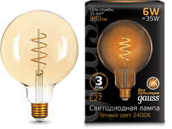 Gauss Лампа Filament G125 6W 360lm 2400К Е27 golden flexible LED 158802008 - фото 34090