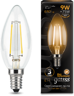 Gauss Лампа Filament Свеча 9W 680lm 2700К Е14 LED 103801109 - фото 34102