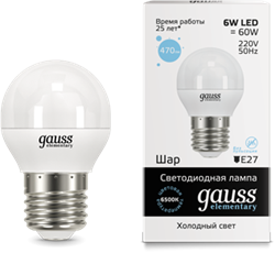 Gauss Лампа Elementary Шар 6W 470lm 6500K Е27 LED 53236 - фото 34116
