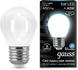 Gauss Лампа Filament Шар 5W 450lm 4100К Е27 milky LED 105202205 - фото 34123