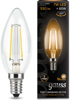 Gauss Лампа Filament Свеча 7W 550lm 2700К Е14 LED 103801107 - фото 34132