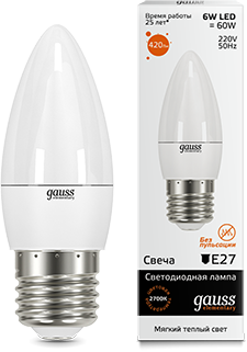 Gauss Лампа Elementary Свеча 6W 420lm 3000K Е27 LED 33216 - фото 34140
