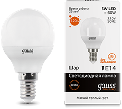 Gauss Лампа Elementary Шар 6W 420lm 3000K Е14 LED 53116 - фото 34143
