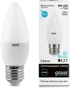 Gauss Лампа Elementary Свеча 8W 540lm 4100K Е27 LED 33228 - фото 34152