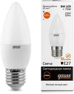 Gauss Лампа Elementary Свеча 8W 520lm 3000K Е27 LED 33218 - фото 34153