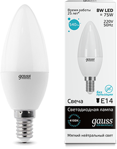 Gauss Лампа Elementary Свеча 8W 540lm 4100K Е14 LED 33128 - фото 34154