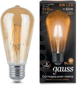 Gauss Лампа Filament ST64 6W 550lm 2400К E27 golden LED 102802006 - фото 34156