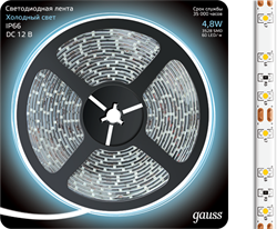 Gauss Лента LED 2835 -SMD 4.8W 12V DC холодный белый IP66 (блистер 5м) 311000305 - фото 34565