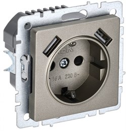 IEK Brite Base шампань розетка с заземлением и шторками, 16А с USB A+A 2,1А BR-R14-16-U21-D21-K37 - фото 73709