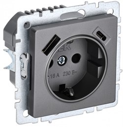 IEK Brite Base сталь розетка с заземлением и шторками, 16А с USB A+C 18Вт BR-R14-16-U22-018-K46 - фото 73727