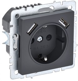 IEK Brite Base графит розетка с заземлением и шторками, 16А с USB A+A 2,1А графит BR-R14-16-U21-D21-K53 - фото 73733