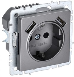 IEK Brite Base сталь розетка с заземлением и шторками, 16А с USB A+A 2,1А BR-R14-16-U21-D21-K46 - фото 73804