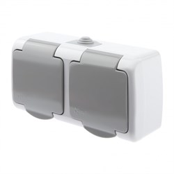 ЭРА Intro Розетка Atlantic 5-203-03 двойная с заземлением 2х2P+E Schuko, 16А-250В, IP54, открытой установки, серый Б0051060 - фото 76232