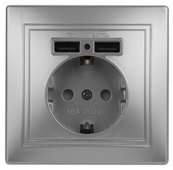 Intro Розетка Plano 1-410-03 с заземлением 2P+E Schuko со шторками, 16А-250В + 2хUSB 5В-2,1А, IP20, СУ, алюминий Б0053944 - фото 76270