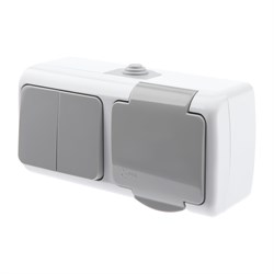 Intro Блок розетка с выключателем Atlantic 5-702-03 двойным 2P+E, 10(16)А-250В, открытой установки, IP54, серый Б0050948 - фото 76373