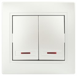 Intro Выключатель Plano 1-105-06 двухклавишный с подсветкой, 10А-250В, IP20, СУ, перламутр Б0053782 - фото 76527