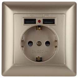 Intro 4-410-04 Розетка P+E Schuko со шторками, 16А-250В + 2хUSB, СУ, Solo, шампань (10/100/2500) Б0043406 - фото 76581