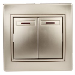 Intro 1-105-04 Выключатель двойной с подсветкой, 10А-250В, IP20, СУ, Plano, шампань (10/200/2400) Б0030047 - фото 76728