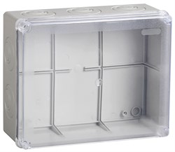 IEK Коробка КМ41278 распаячная для о/п 240х195х165 мм IP55 (RAL7035, прозр. кр., кабельные вводы 5 шт) UKO10-240-195-165-K51-55 - фото 86578