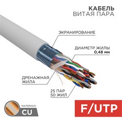 Кабель витая пара F/UTP, CAT 5е, ZH нг(А)-HF (LSZH), 25PR, 24AWG, INDOOR, SOLID, серый, 305м, РФ REXANT 01-1206-R - фото 89340