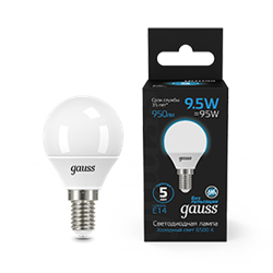 Gauss Лампа Шар 9.5W 950lm 6500K E14 LED 1/10/50 105101310 - фото 89635