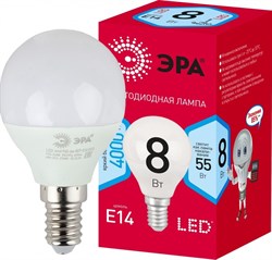ЭРА Лампочка светодиодная RED LINE LED P45-8W-840-E14 R E14 8Вт шар нейтральный белый свет Б0052440 - фото 89693