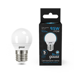 Gauss Лампа Шар 9.5W 950lm 6500K E27 LED 1/10/100 105102310 - фото 89813