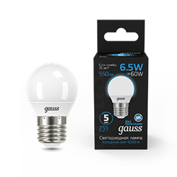 Gauss Лампа Шар 6.5W 550lm 6500K E27 LED 1/10/100 105102307 - фото 89821