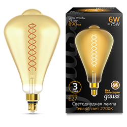 Gauss Лампа Filament ST164 6W 890lm 2700К Е27 golden straight LED 157802118 - фото 89906