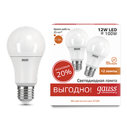 Gauss Лампа Elementary A60 12W 3000K E27 (2 лампы в упаковке) LED 1/50 23212P - фото 89958
