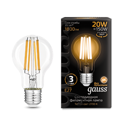 Gauss Лампа Filament А60 20W 1800lm 2700К Е27 LED 102902120 - фото 89975