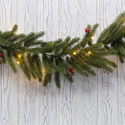 NEON-NIGHT Еловый шлейф с ягодами и гирляндой 1.8 м, 30 LED, 31 В, литой, теплое белое свечение 307-113 - фото 91304