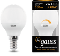 Gauss Лампа LED Шар-dim E14 7W 560lm 3000К диммируемая 105101107-D