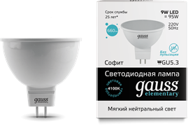 Gauss Лампа Elementary MR16 9W 660lm 4100K GU5.3 LED 13529