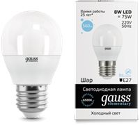Gauss Лампа Elementary Шар 8W 560lm 6500K Е27 LED 53238