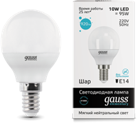 Gauss Лампа Elementary Шар 10W 730lm 4100K Е14 LED 53120