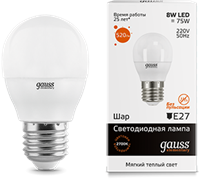 Gauss Лампа Elementary Шар 8W 520lm 3000K Е27 LED 53218