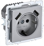IEK Brite Base алюминий розетка с заземлением и шторками, 16А с USB A+A 2,1А BR-R14-16-U21-D21-K47