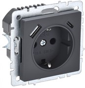 IEK Brite Base графит розетка с заземлением и шторками, 16А с USB A+C 18Вт BR-R14-16-U22-018-K53