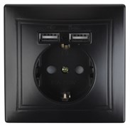 Intro Розетка Plano 1-410-05 с заземлением 2P+E Schuko со шторками, 16А-250В + 2хUSB 5В-2,1А, IP20, СУ, антрацит Б0053946
