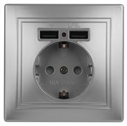 Intro Розетка Plano 1-410-03 с заземлением 2P+E Schuko со шторками, 16А-250В + 2хUSB 5В-2,1А, IP20, СУ, алюминий Б0053944